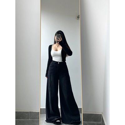 300斤大码黑色毛边百搭牛仔裤女