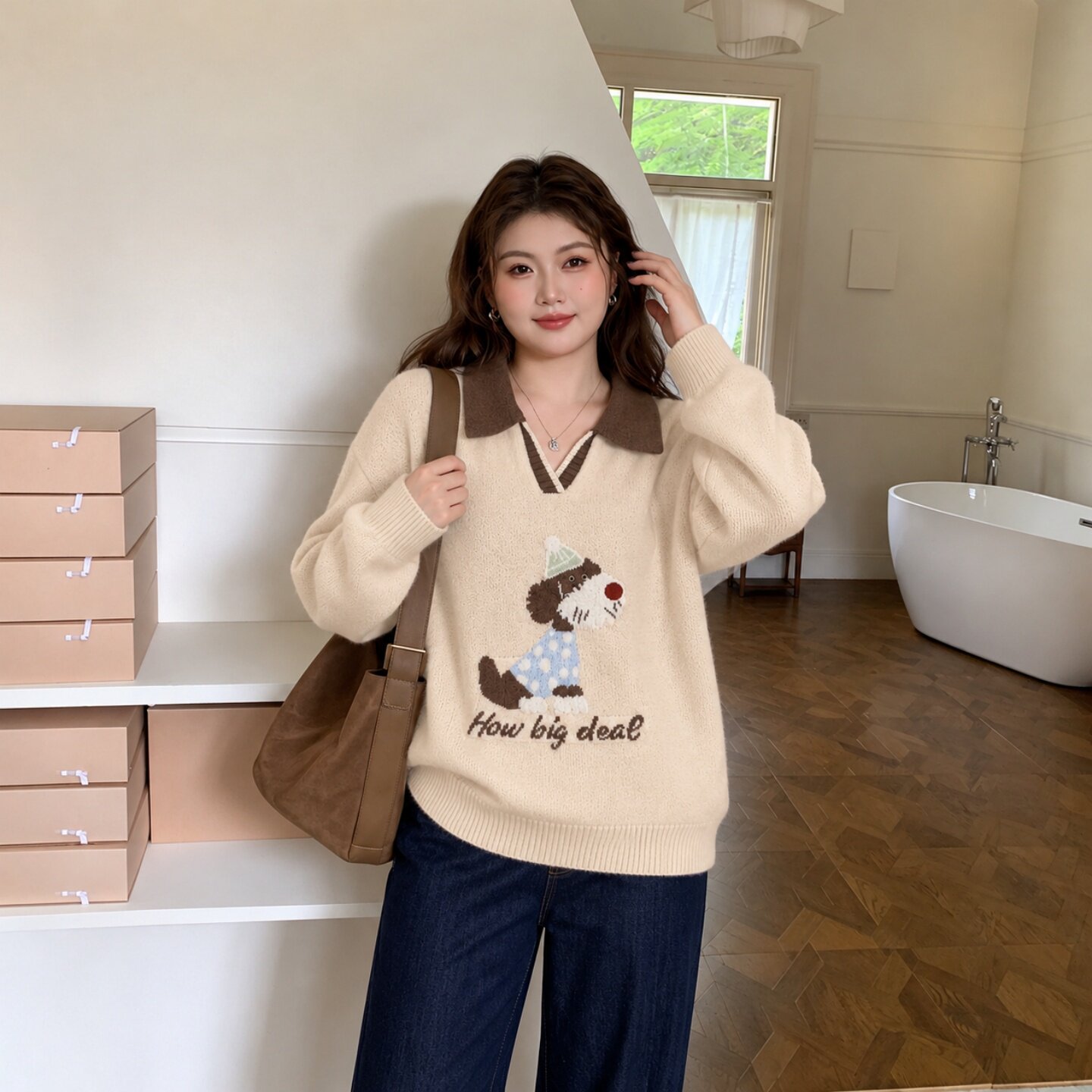 特大码女装学院风翻领卡通小狗针织衫女胖mm宽松显瘦毛衣内搭上衣