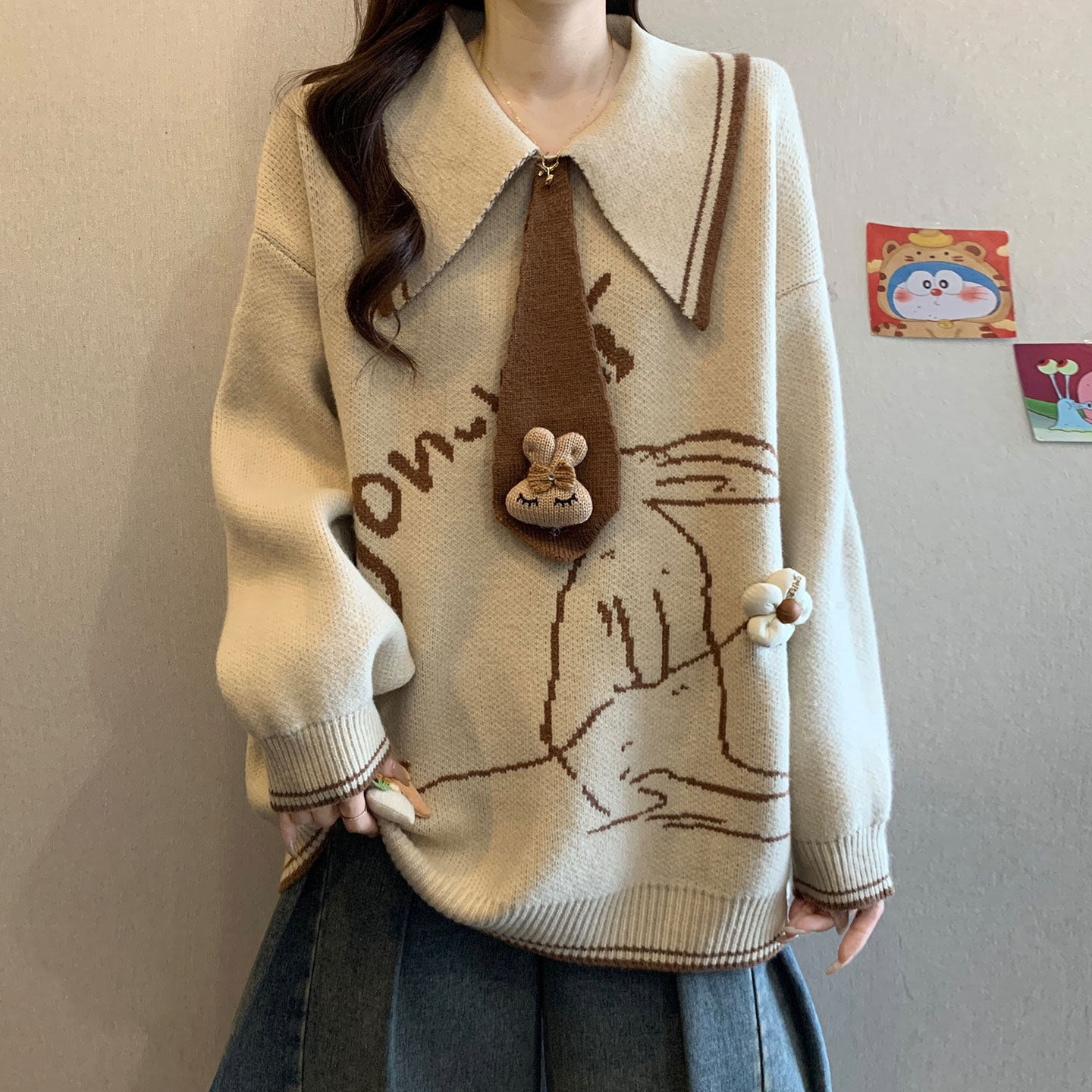 大码女装胖mm卡通风针织毛衣女学院风显瘦百搭立体装饰套头上衣潮,女装/女士精品,大码内搭,淘宝优惠券,粉丝福利购,淘宝优惠卷