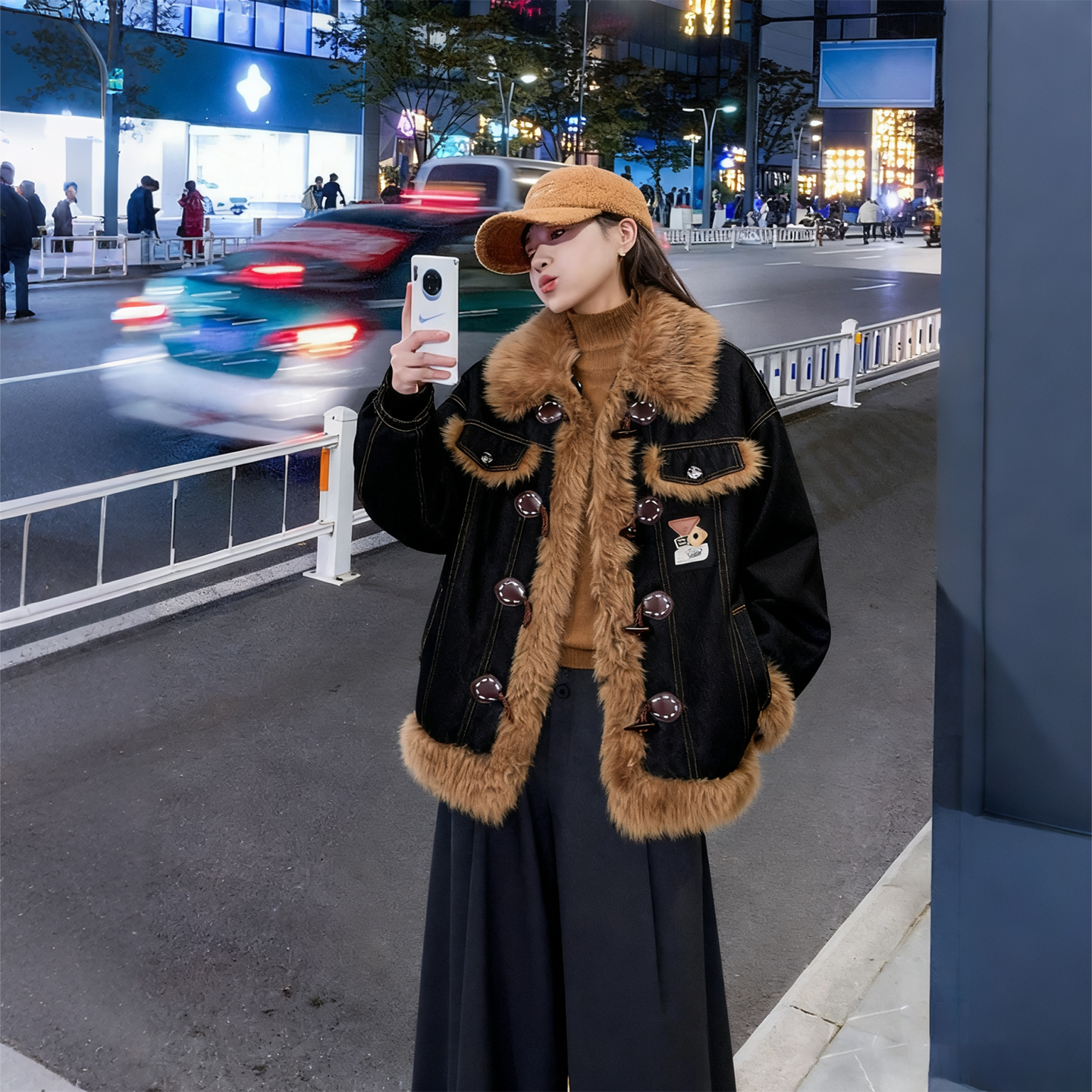 特大码女装慵懒风毛绒领牛仔外套