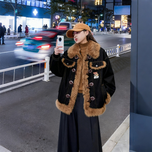 宽松显瘦遮肉棉服上衣 胖mm慵懒风毛绒领牛仔外套女冬季 特大码 女装