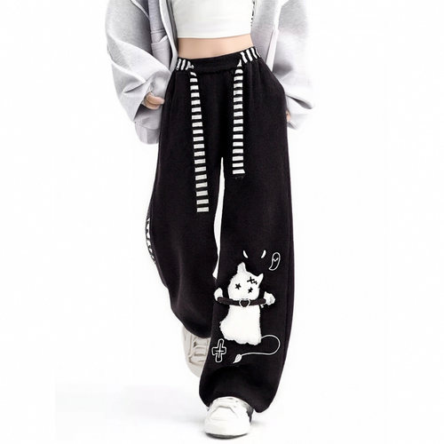 大码女装卡通风可爱猫咪黑色卫裤