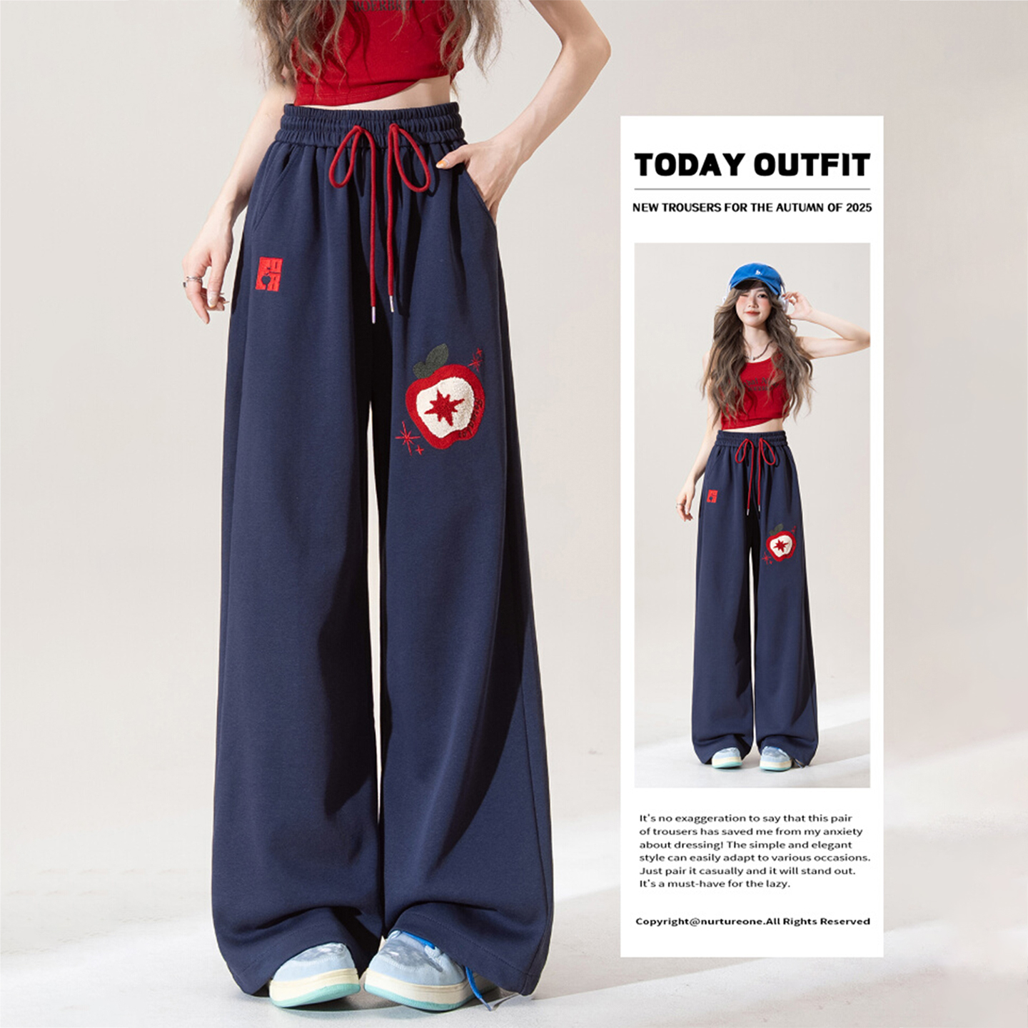 大码女装胖mm藏青色刺绣卫裤