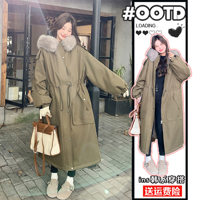 大码女装胖mm毛领连帽派克棉服女冬季宽松中长款军绿色棉衣外套潮