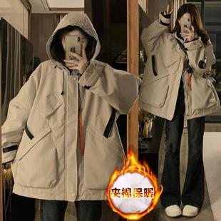 新款 连帽加厚冲锋衣棉衣外套女冬季 设计感棉服 女装 300斤胖mm大码