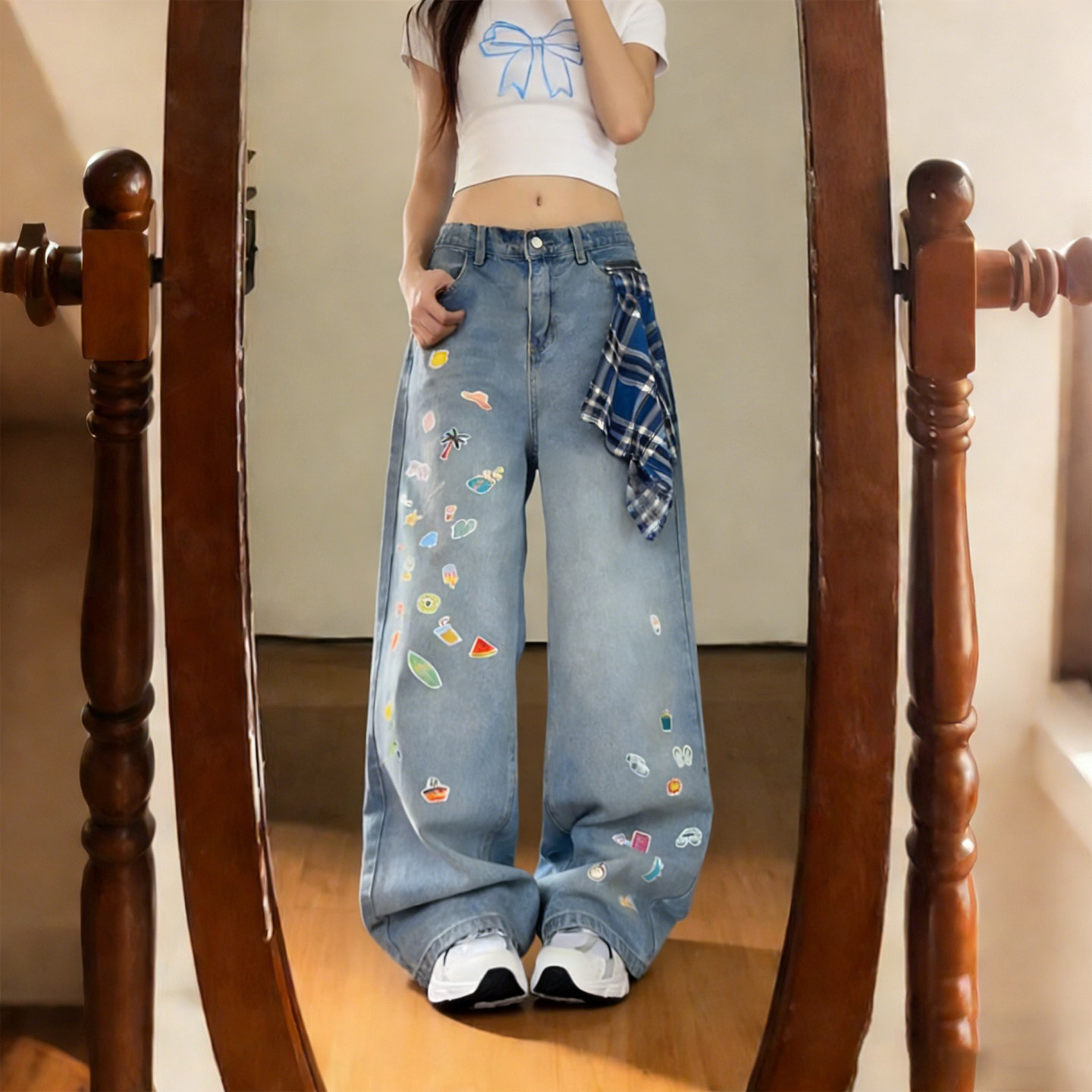 大码女装胖mm美式复古卡通印花牛仔裤女宽松显瘦高腰直筒阔腿长裤