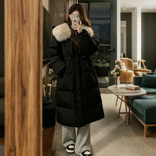 收腰毛领棉服女高腰显瘦加厚外套潮 胖mm黑色中长款 300斤大码 女装