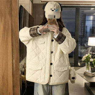 特大码 胖mm韩系翻领菱格纹棉服女加厚小众设计感宽松棉衣外套 女装
