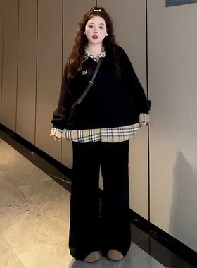 大码女装胖mm韩版设计感假两件卫衣女学院风格纹拼接宽松百搭上衣