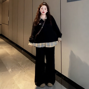 大码女装胖mm韩版设计感假两件卫衣女学院风格纹拼接宽松百搭上衣