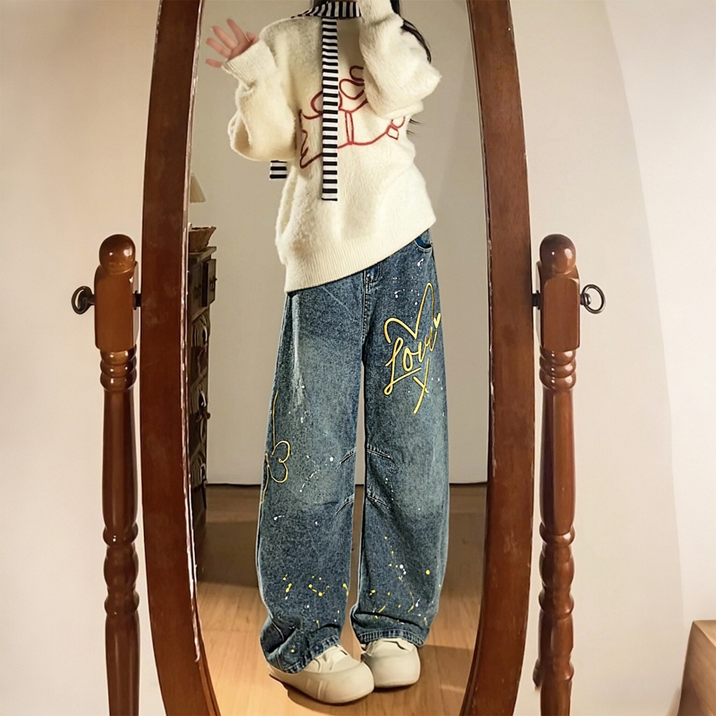 大码女装胖mm复古泼墨涂鸦刺绣牛仔裤女高腰宽松显瘦阔腿直筒裤潮,女装/女士精品,大码裤装,淘宝优惠券,粉丝福利购,淘宝优惠卷