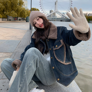 保暖棉衣宽松加厚深蓝色棉服 复古羊羔毛牛仔外套女冬季 特大码 女装