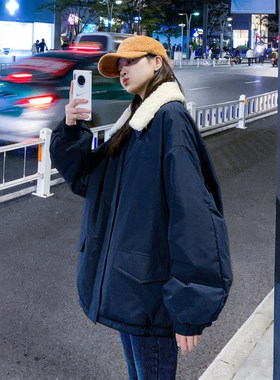 特大码女装胖mm工装风羊羔毛翻领棉服女冬季宽松加厚保暖棉衣外套