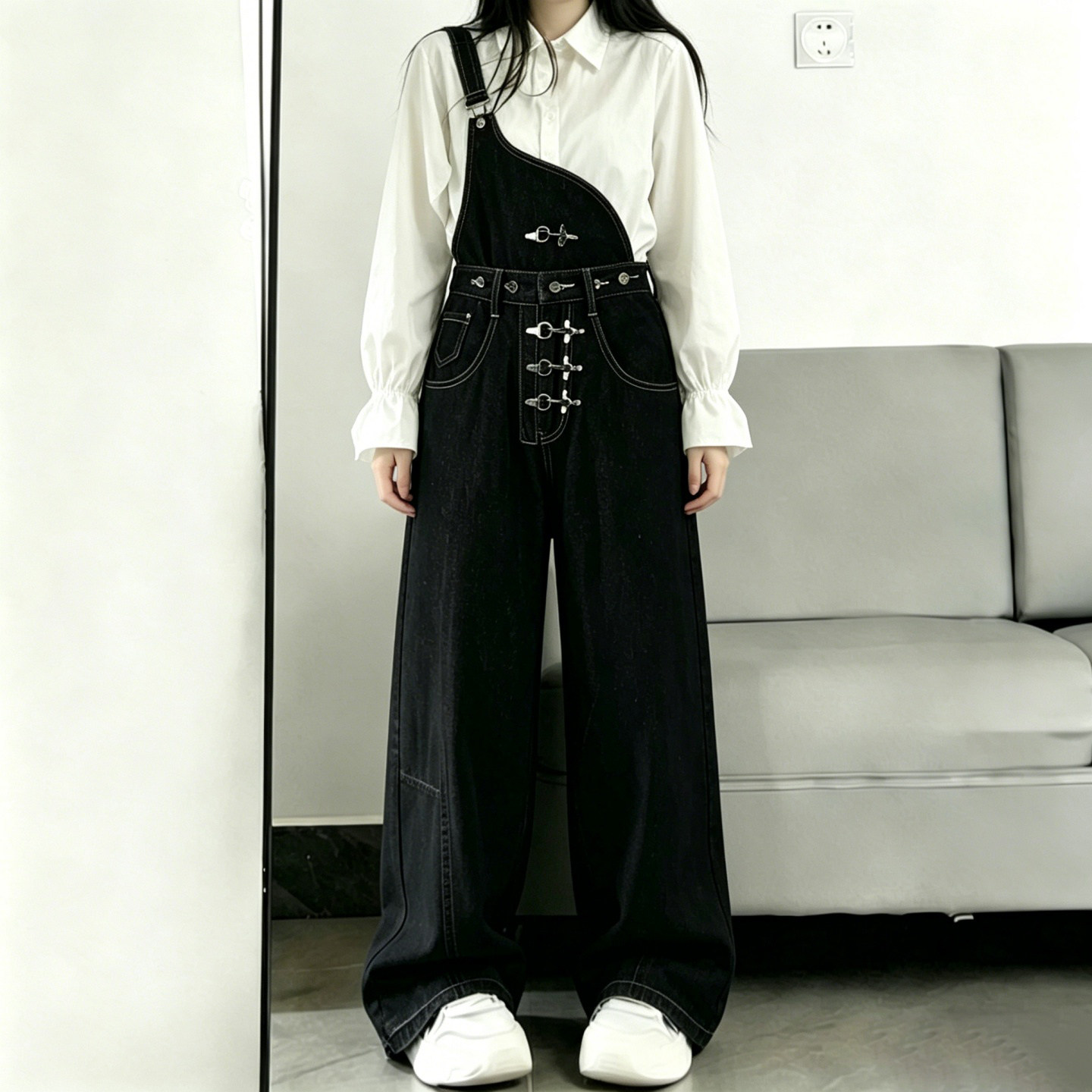 特大码女装胖mm美式复古背带牛仔裤女可拆卸扣子减龄宽松连体裤潮