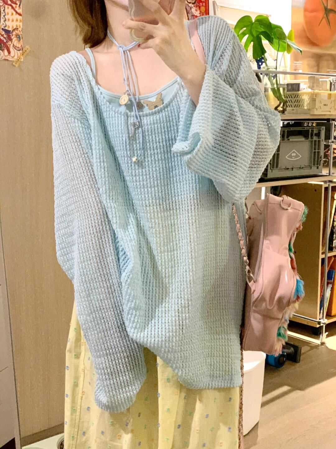 300斤胖mm大码慵懒风夏季镂空百搭套装针织防晒罩衫吊带两件套女
