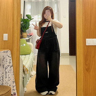 女慵懒风宽松阔腿连体裤 胖mm复古设计感牛仔背带裤 女装 300斤大码