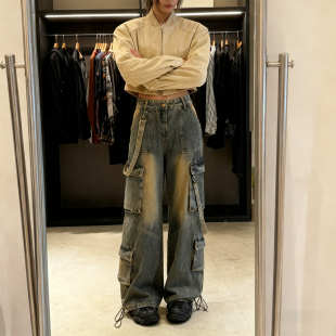 女宽松高腰显瘦长裤 特大码 风多口袋阔腿牛仔裤 胖mm复古工装 女装