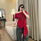 特大码 辣妹一字肩露肩小上衣潮 t恤女美式 女装 胖mm不规则斜肩短袖