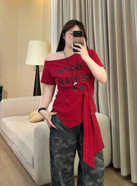 大码女装不规则斜肩短袖t恤女