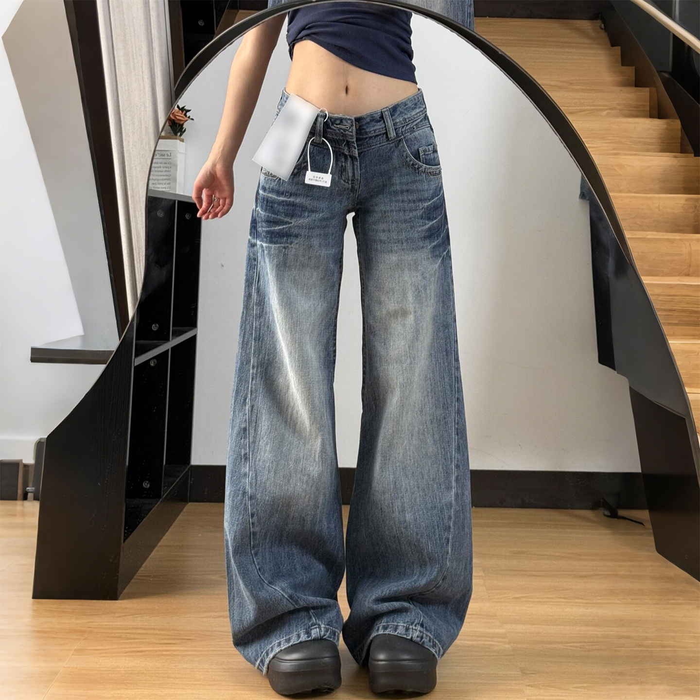 大码美式复古设计感阔腿牛仔裤