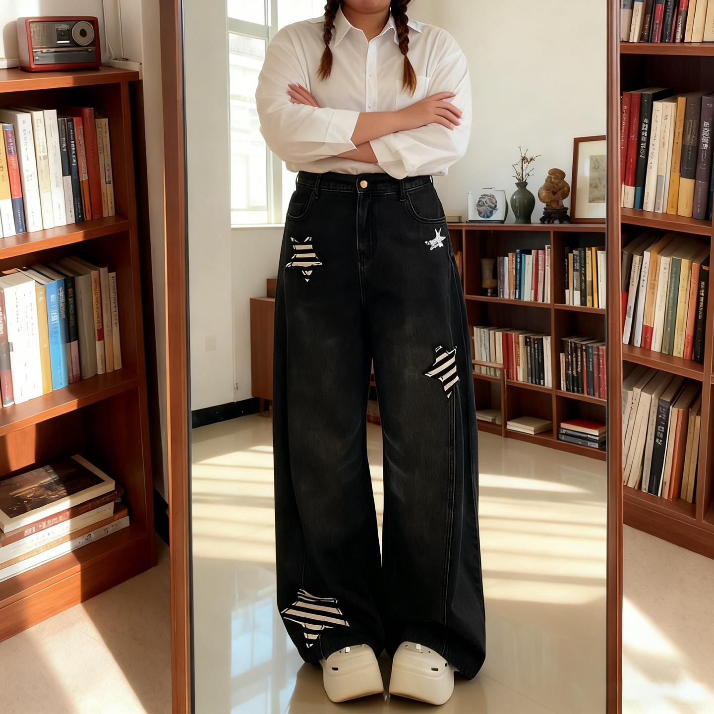 大码美式复古星星刺绣阔腿牛仔裤