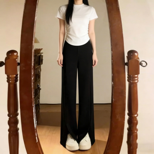 女装 百搭垂感休闲裤 胖mm黑色开叉西装 女高腰显瘦时尚 潮 阔腿裤 大码