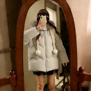 饰棉服女冬季 胖mm连帽毛球装 宽松显瘦加厚保暖棉衣外套 女装 特大码