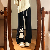 特大码 潮 女高腰显瘦直筒休闲裤 女装 胖mm可爱风小猫刺绣黑色阔腿裤