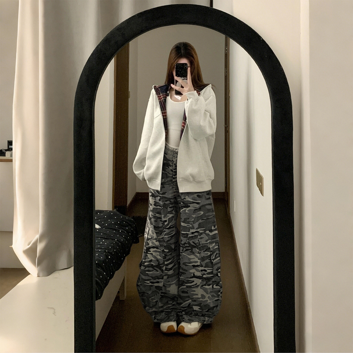 大码女装梨型身材迷彩牛仔裤