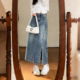 300斤大码 胖mm设计感牛仔半身裙女高腰显瘦开叉系带中长半裙 女装