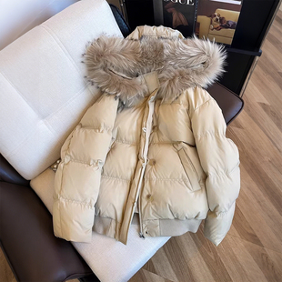 新款 胖mm连帽毛领面包棉服女冬季 宽松加厚保暖棉袄外套 女装 特大码