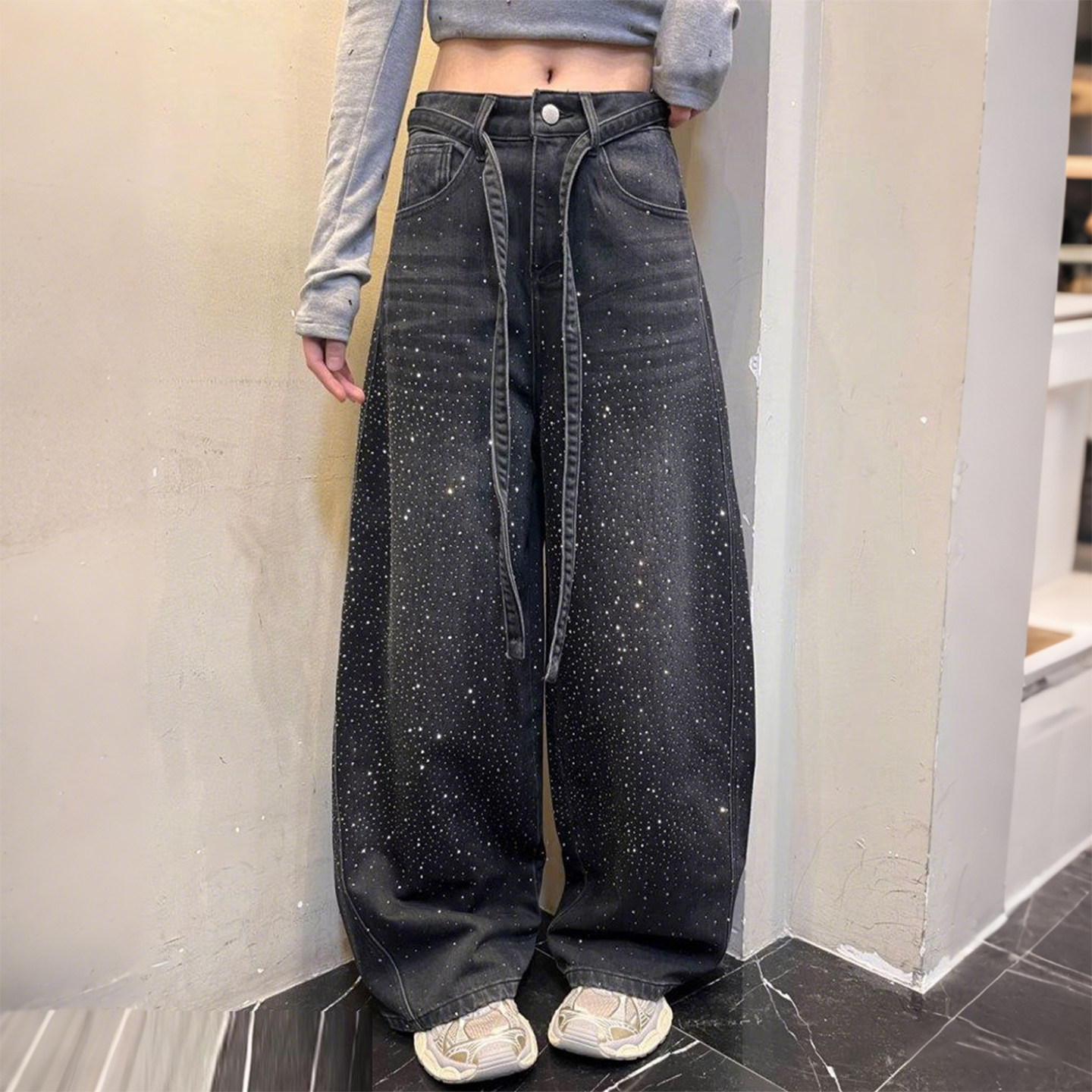 大码女装胖mm满天星烫钻阔腿牛仔裤女高腰显瘦抽绳百搭直筒拖地裤,女装/女士精品,大码裤装,淘宝优惠券,粉丝福利购,淘宝优惠卷