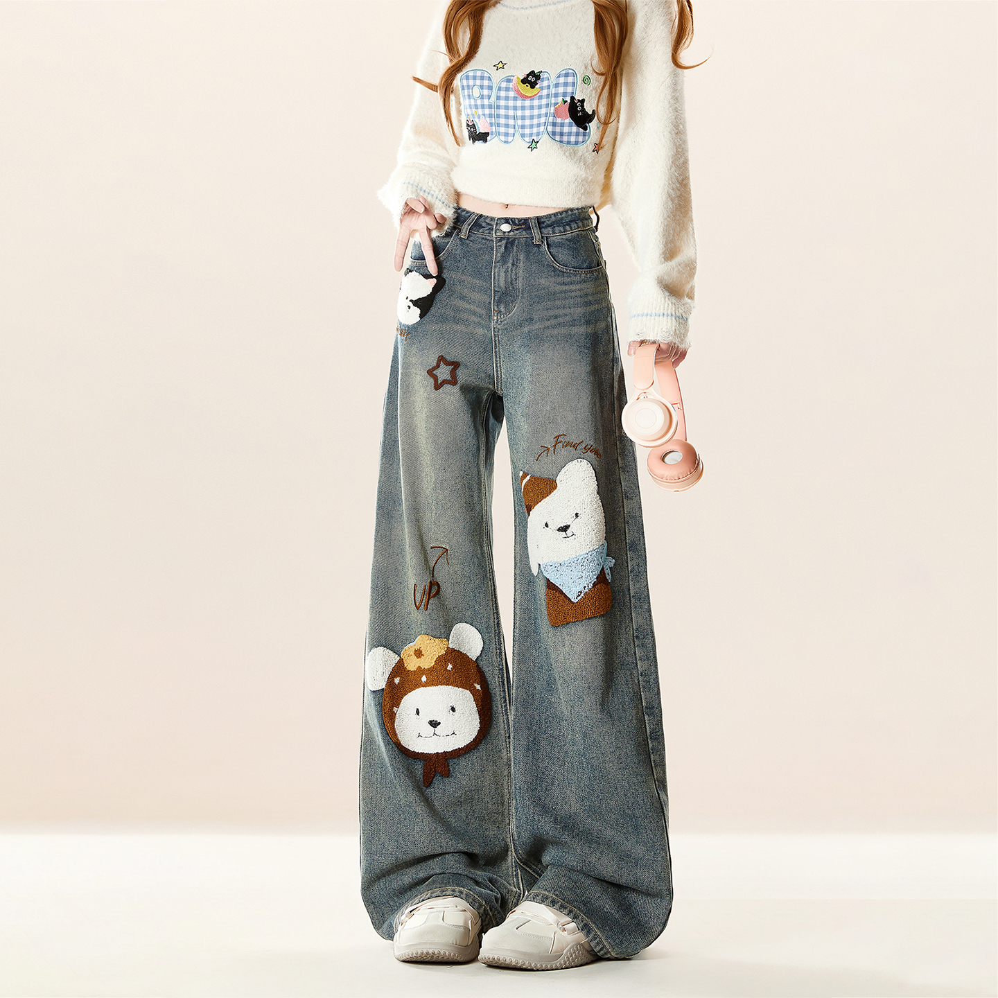 大码高腰显瘦小狗刺绣阔腿牛仔裤