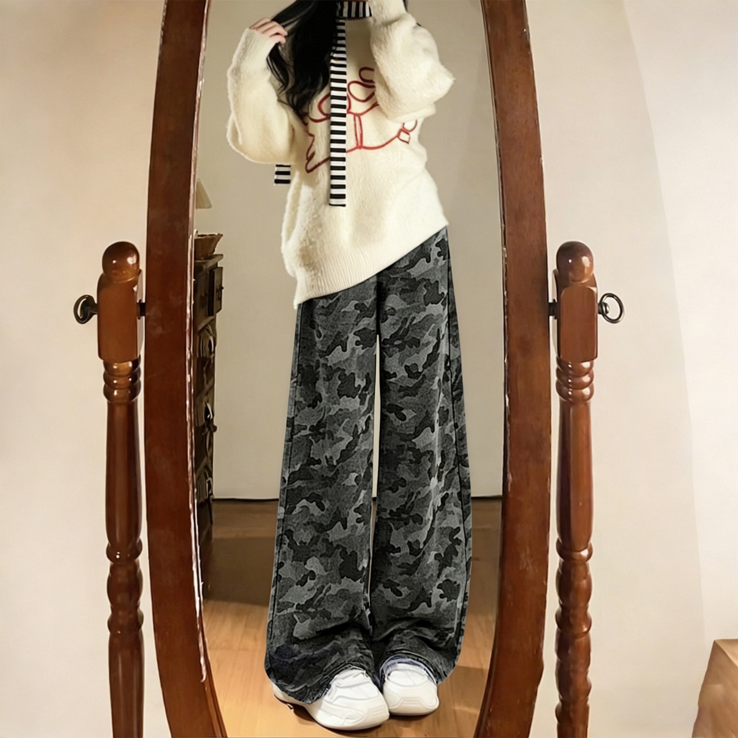 特大码女装胖mm美式迷彩工装阔腿牛仔裤女高腰宽松显瘦拖地长裤潮,女装/女士精品,大码裤装,淘宝优惠券,粉丝福利购,淘宝优惠卷