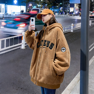 特大码 胖mm双面穿羊羔绒棉服女宽松显瘦连帽加厚保暖棉衣外套 女装