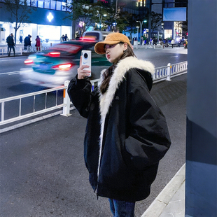 大码女装胖mm韩系百搭连帽毛领棉服女冬季宽松加厚保暖棉袄外套潮