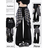女装 胖mm美式 街头假两件拼接裙摆长裤 特大码 爵士舞阔腿休闲裤 子潮