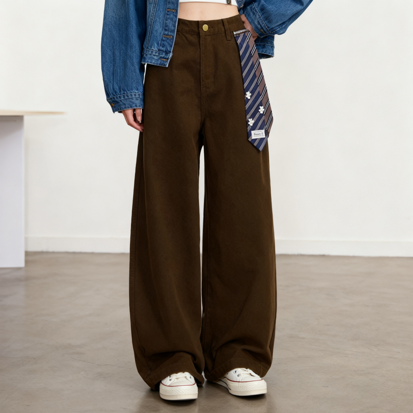 大码女装复古领带装饰阔腿牛仔裤