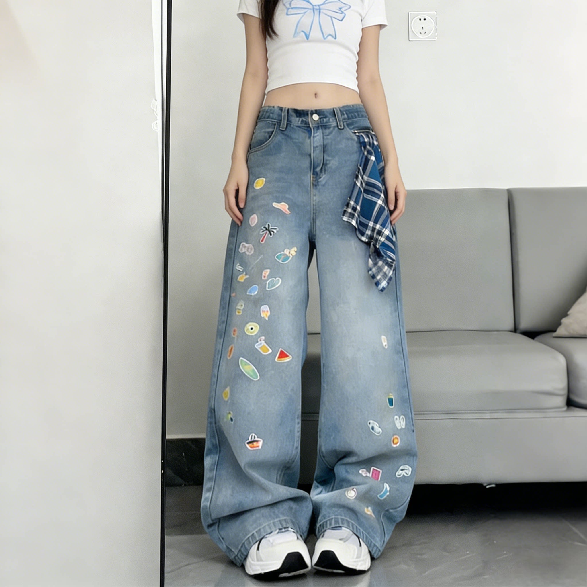 大码女装胖mm美式卡通印花牛仔裤女大码宽松显瘦高腰阔腿直筒裤潮