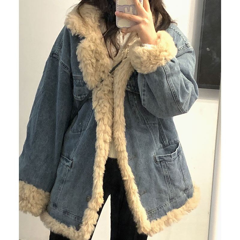 300斤加绒加厚牛仔外套保暖棉服