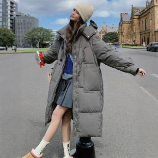 特大码女装胖mm灰色中长款过膝棉服女宽松显瘦加厚保暖面包服外套