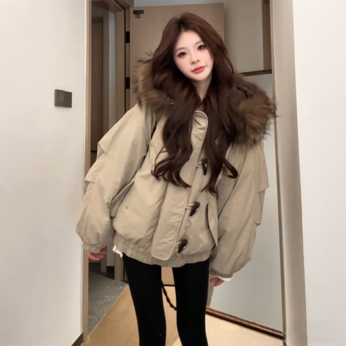 大码女装胖mm冬季新款慵懒时尚连帽毛领棉服女宽松百搭棉衣外套潮