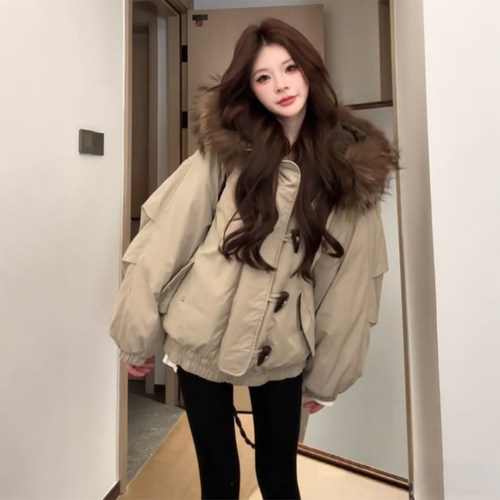 大码女装胖mm冬季新款慵懒时尚连帽毛领棉服女宽松百搭棉衣外套潮