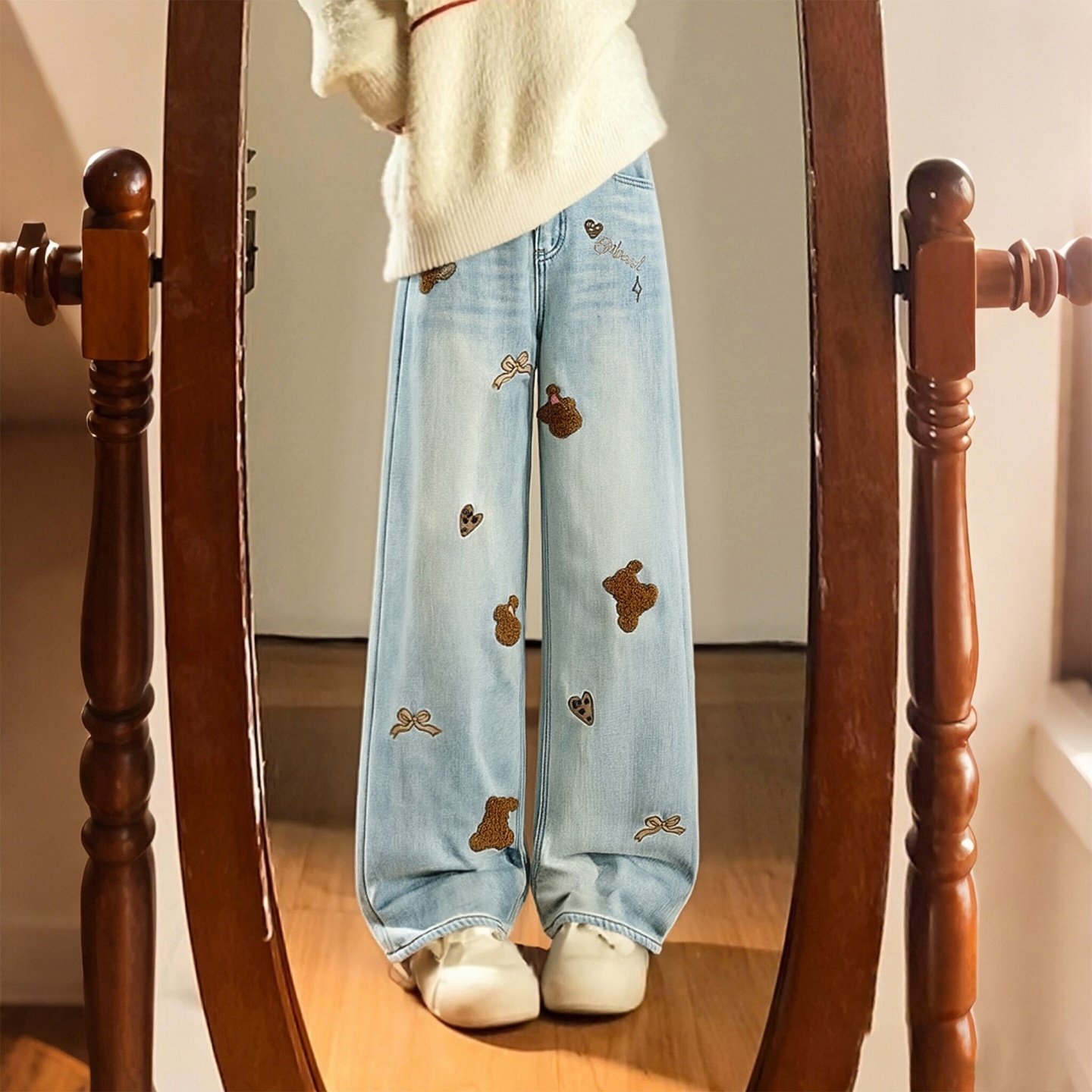 300斤大码女装胖mm卡通风小熊刺绣阔腿牛仔裤女高腰显瘦休闲长裤,女装/女士精品,大码裤装,淘宝优惠券,粉丝福利购,淘宝优惠卷