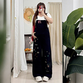 女装 胖mm设计感刺绣牛仔背带裤 女宽松显瘦黑色工装 特大码 阔腿裤 潮