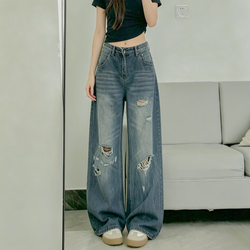 大码女装复古破洞高腰直筒牛仔裤