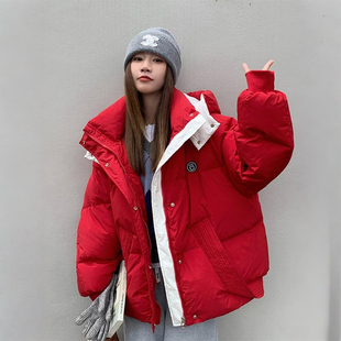 特大码 胖mm加厚保暖红色连帽棉服女宽松高级感撞色面包服外套 女装
