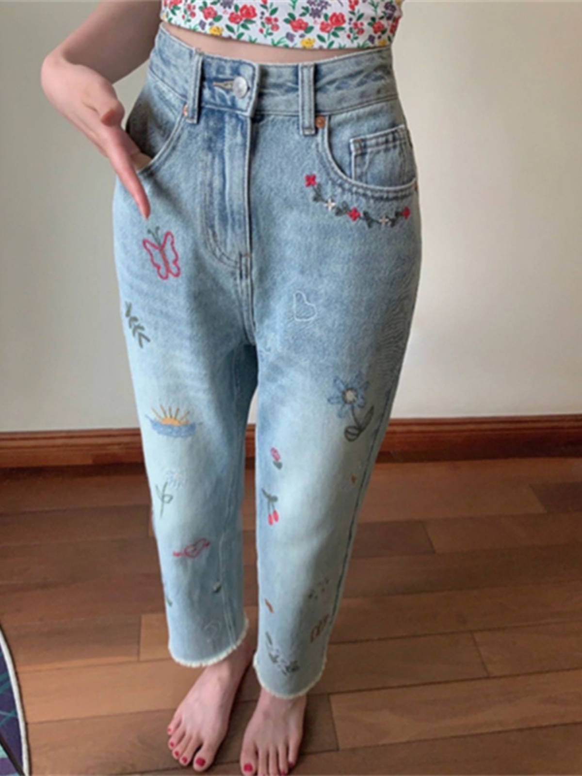 胖mm大码刺绣高腰直筒牛仔裤