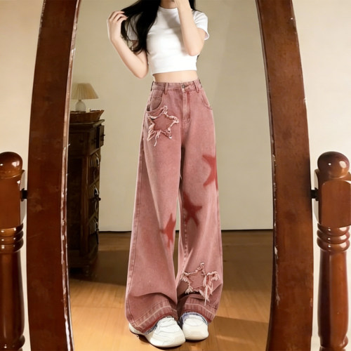 大码女装美式刺绣高腰阔腿牛仔裤