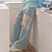 女高腰显瘦宽松阔腿拖地长裤 胖mm蕾丝拼接破洞牛仔裤 子 女装 特大码